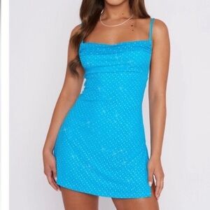 Blue rhinestone never worn white fox dress